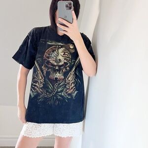 Y2K Rock Chang Black Graphic T-Shirt with Skull Design L